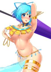 Rule 34 | 1girl, alternate breast size, alternate costume, alternate hairstyle, areola slip, arm up, armlet, armpits, belly, blue eyes, blue hair, blush, bouncing breasts, bracelet, breasts, cleavage, closed umbrella, cowboy shot, dancer, dancing, detached collar, forehead jewel, gradient hair, hatchet, heterochromia, highres, hitotsuki nebura, jewelry, large breasts, looking at viewer, matching hair/eyes, multicolored hair, navel, no bra, nose blush, oil-paper umbrella, pelvic curtain, ponytail, purple hair, red eyes, revealing clothes, sarong, see-through, short hair, simple background, solo, sparkle, sweat, tatara kogasa, thighlet, tongue, tongue out, touhou, two-tone hair, umbrella, underboob, white background