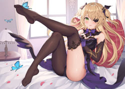Rule 34 | 1girl, absurdres, ass, bare shoulders, bed, black dress, black panties, blonde hair, bow, bowtie, breasts, brown thighhighs, bug, butterfly, detached collar, detached sleeves, dress, embarrassed, eyepatch, feet, fischl (genshin impact), genshin impact, gloves, green eyes, hair bow, hair over one eye, highres, hokori sakuni, insect, knees up, lamp, leg up, long hair, looking at viewer, medium breasts, no shoes, on bed, panties, parted lips, pillow, reclining, revealing clothes, single glove, single leg pantyhose, single thighhigh, solo, tailcoat, thighhighs, thighs, two side up, underwear