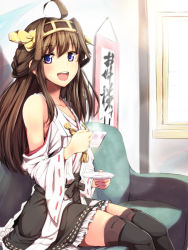Rule 34 | 10s, 1girl, ahoge, ataru (cha2batake), bare shoulders, boots, brown hair, cup, detached sleeves, double bun, hair ornament, hairband, headgear, japanese clothes, kantai collection, kongou (kancolle), long hair, looking at viewer, nontraditional miko, open mouth, personification, pleated skirt, purple eyes, skirt, smile, solo, teacup, thigh boots, thighhighs, translated, zettai ryouiki