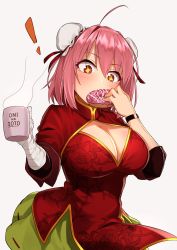 Rule 34 | !, + +, 1girl, absurdres, ahoge, bandages, bandaged arm, bandages, blush, breasts, bun cover, capelet, chinese clothes, cleavage, commentary request, cup, double bun, doughnut, eating, floral print, food, green skirt, greenkohgen, highres, holding, holding cup, holding food, ibaraki kasen, large breasts, medium hair, pink hair, red eyes, ribbon-trimmed skirt, ribbon trim, simple background, skirt, solo, touhou, white background, wristband