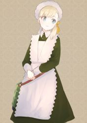 Rule 34 | 1girl, 8ne (nitika127), alternate costume, apron, bag, blonde hair, blue eyes, blunt bangs, brown background, cowboy shot, dress, enmaided, frilled apron, frills, green dress, hair ornament, kantai collection, long hair, looking to the side, maid, own hands together, ribbon, shin&#039;you (kancolle), side ponytail, smile, solo, standing, white apron, yellow ribbon