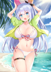 Rule 34 | 1girl, :d, arms behind head, arms up, ball, beach, beachball, bikini, blue eyes, breasts, cameltoe, chiune (yachi), cleavage, commentary request, cowboy shot, day, frilled bikini, frills, front-tie bikini top, front-tie top, gluteal fold, green jacket, hair ribbon, halterneck, highres, holding, jacket, large breasts, leg up, long hair, looking at viewer, navel, one side up, open clothes, open jacket, open mouth, original, outdoors, ribbon, short sleeves, side-tie bikini bottom, silver hair, skindentation, smile, solo, stomach, string bikini, summer, sunlight, swimsuit, thigh gap, thigh strap, thighs, white bikini