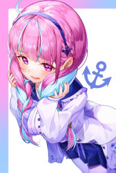 Rule 34 | 1girl, absurdres, ahoge, anchor hair ornament, anchor symbol, blue hair, blue hairband, blue nails, blue skirt, blush, braid, colored inner hair, commentary request, fof (fof 0016), frilled sailor collar, frills, hair ornament, hairband, highres, holding, holding own hair, hololive, jacket, leaning forward, long hair, long sleeves, looking at viewer, minato aqua, minato aqua (sailor), miniskirt, multicolored hair, official alternate costume, open clothes, open jacket, open mouth, pantyhose, pink eyes, pink hair, pleated skirt, sailor collar, skirt, solo, twin braids, two-tone hair, virtual youtuber, white jacket, white pantyhose