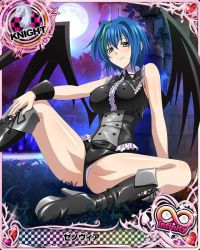 Rule 34 | 10s, 1girl, bare shoulders, black footwear, blue hair, blush, boots, bracer, breasts, cleavage, covered erect nipples, frills, grass, high heel boots, high heels, high school dxd, kneehighs, large breasts, leotard, light smile, looking at viewer, moon, multicolored hair, official art, outdoors, panties, pantyshot, shiny skin, shirt, short hair, sitting, sleeveless, sleeveless shirt, smile, socks, solo, spread legs, trading card, two-tone hair, underwear, wings, xenovia quarta
