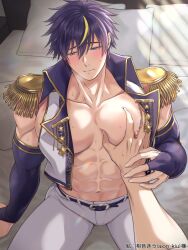 Rule 34 | 2boys, abs, aion kiu, bara, bare pectorals, blush, commission, cropped jacket, elbow gloves, feet out of frame, gloves, grabbing, guided pectoral grab, guiding hand, hands on another&#039;s arms, highres, indie virtual youtuber, large pectorals, male focus, multicolored hair, multiple boys, muscular, muscular male, navel, nervous sweating, nipples, on bed, pectoral grab, pectorals, pov, pov hands, purple hair, ryosuke tsukiyo, second-party source, short hair, sidepec, sitting, skeb commission, solo focus, stomach, streaked hair, sweat, thighs, torogao, translation request, twitter username, virtual youtuber, window shadow, yaoi