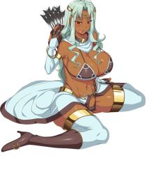 Rule 34 | 1girl, armor, arrow (projectile), bare shoulders, bikini armor, blush, boots, breasts, daniella (sennen sensou aigis), dark skin, dark-skinned female, elbow gloves, feet, female focus, full body, gloves, green hair, huge breasts, legs, long hair, looking at viewer, lots of jewelry, makeup, naughty face, navel, quiver, red eyes, sennen sensou aigis, sitting, smile, solo, thigh boots, thighhighs, thighs, thong, tongue, transparent background, white background
