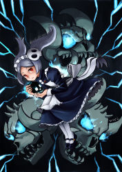 Rule 34 | 1girl, apron, black background, bloody marie (skullgirls), brooch, dress, fire, grey hair, hair ornament, hitsujiko, holding, jewelry, lightning, looking to the side, maid, maid headdress, pantyhose, red eyes, skull, skull hair ornament, skull heart, skullgirls, socks, solo, twintails