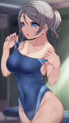 Rule 34 | 1girl, absurdres, blue eyes, blue one-piece swimsuit, breasts, cleavage, clothes pull, collarbone, competition swimsuit, covered navel, grey hair, groin, highres, light brown hair, love live!, love live! sunshine!!, medium breasts, one-piece swimsuit, one-piece swimsuit pull, open mouth, short ponytail, solo, swimsuit, tan, tanline, watanabe you, water, water drop, wet, wet hair, yamaori (yamaorimon)