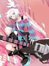 Rule 34 | 1girl, :p, bass guitar, blue eyes, boots, creatures (company), dress, freckles, game freak, gym leader, hair bobbles, hair ornament, highres, instrument, jumping, looking at viewer, nintendo, pokemon, pokemon bw2, roxie (pokemon), solo, strapless, strapless dress, striped clothes, striped dress, surumeika (ninfiiiir), tongue, tongue out, white hair