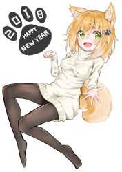 Rule 34 | 1girl, 2018, absurdres, animal ears, black pantyhose, blonde hair, dog ears, dog tail, dress, green eyes, hair ornament, hairclip, happy new year, hashiko nowoto, highres, new year, no shoes, open mouth, original, outstretched hand, pantyhose, paw pose, short hair, smile, solo, sweater, sweater dress, tail, white sweater