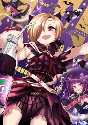 Rule 34 | 3girls, bare shoulders, black dress, blonde hair, blush, boots, bow, breasts, brooch, diagonal bangs, dress, drinking straw, fanta, hair bow, hair over one eye, hat, idolmaster, idolmaster cinderella girls, idolmaster million live!, idolmaster shiny colors, jewelry, kaorihero, long hair, long sleeves, looking at viewer, maihama ayumu, medium breasts, multicolored hair, multiple girls, musical note, open mouth, orange hair, pink hair, purple bow, purple dress, purple eyes, purple hair, red eyes, red ribbon, ribbon, sash, shirasaka koume, short hair, short twintails, small breasts, smile, soda bottle, tanaka mamimi, thigh boots, thighhighs, twintails, wand, witch hat
