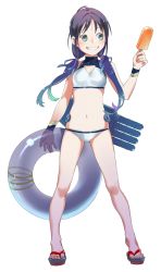 Rule 34 | 1girl, bad id, bad twitter id, bikini, blue hair, cannon, food, full body, green eyes, grin, innertube, kantai collection, long hair, looking to the side, low twintails, machinery, navel, popsicle, ribbon, sandals, smile, solo, suzukaze (kancolle), swim ring, swimsuit, tank top, transparent background, turret, twintails, uyama hajime, white bikini, wristband