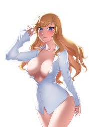 Rule 34 | 1girl, absurdres, areola slip, bad id, bad pixiv id, blonde hair, blouse, blue eyes, blush, breasts, chanakim, cleavage, collarbone, commentary request, covered erect nipples, dress shirt, highres, idolmaster, idolmaster cinderella girls, large breasts, light smile, long hair, looking at viewer, nail polish, naked shirt, narrow waist, no bra, no panties, ohtsuki yui, pink nails, shirt, simple background, solo, white background, white shirt, wide hips