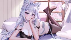 Rule 34 | 1girl, absurdres, animal ear fluff, animal ears, ass, black nails, breasts, character request, chenchen, cleavage, collarbone, commission, curtains, feet, grey hair, hair between eyes, hand on own cheek, hand on own face, highres, indie virtual youtuber, large breasts, long hair, lying, on stomach, pillow, purple eyes, solo, thighhighs, tree, virtual youtuber, window