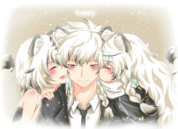 Rule 34 | 1boy, 2girls, absurdres, animal ears, arknights, bare shoulders, blush, braid, breasts, brother and sister, cleavage, cliffheart (arknights), dress shirt, fang, formal, grey eyes, hand on shoulder, headdress, highres, leopard ears, leopard tail, long hair, multiple girls, nail polish, necktie, neross, open mouth, pramanix (arknights), shirt, short hair, siblings, silverash (arknights), smile, suit, tail, twin braids, white hair