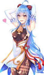 Rule 34 | 1girl, ahoge, areola slip, armpits, arms up, bell, black pantyhose, blue hair, blush, breasts, chinese knot, covered erect nipples, detached sleeves, endsmall min, flower knot, ganyu (genshin impact), genshin impact, gold trim, heart, highres, horns, lactation, long hair, looking at viewer, low ponytail, medium breasts, multicolored eyes, neck bell, nipple slip, nipples, paid reward available, pantyhose, pelvic curtain, purple eyes, red rope, rope, saliva, sideboob, sidelocks, smile, solo, standing, sweat, tassel, thighlet, thighs, torn clothes, torn pantyhose, very long hair, vision (genshin impact), white background, white sleeves