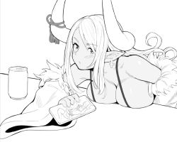 Rule 34 | 1girl, beer can, blush, breast rest, breasts, can, cellphone, character print, dark-skinned female, dark skin, draph, drink can, earrings, ferry (granblue fantasy), granblue fantasy, greyscale, horns, hoshiyataka, jewelry, kumbhira (granblue fantasy), large breasts, monochrome, phone, pointy ears, smartphone, solo, wide sleeves