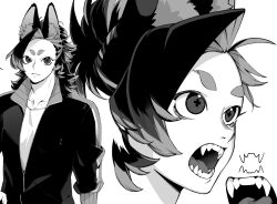 Rule 34 | 1boy, animal ear fluff, animal ears, closed mouth, commentary, cross-shaped pupils, ear piercing, fangs, fox boy, fox ears, greyscale, high collar, highres, jacket, long sleeves, looking at viewer, male focus, monochrome, multiple views, open mouth, original, piercing, short eyebrows, simple background, symbol-only commentary, symbol-shaped pupils, upper body, white background, zzb azz