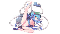 Rule 34 | 1girl, absurdres, bad id, bad pixiv id, bar censor, blue dress, blue eyes, blue hair, blush, boots, bottomless, breasts, censored, ddism, dress, embarrassed, green hat, hat, highres, kawashiro nitori, key, leg up, looking at viewer, medium breasts, nipples, pocket, restrained, rubber boots, simple background, solo, thighs, torn clothes, torn dress, touhou, two side up, unworn boots, wavy mouth, white background