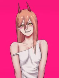 Rule 34 | 1girl, breasts, chainsaw man, commentary, covered erect nipples, grin, hair behind ear, hair between eyes, highres, horns, mrjack, orange eyes, orange hair, pink background, power (chainsaw man), red horns, sharp teeth, small breasts, smile, solo, strap slip, tank top, teeth, upper body, white tank top