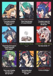 Rule 34 | 6+girls, alignment chart, angry, animal ears, arknights, bear ears, beret, blaze (arknights), blood, blood on face, cat ears, censored, censored text, ch&#039;en (arknights), choker, closed eyes, cyrillic, dragon horns, english text, gavial (arknights), hat, highres, horns, hoshiguma (arknights), jacket, lappland (arknights), leather, leather jacket, multiple girls, owl ears, peaked cap, pointy ears, profanity, russian text, silence (arknights), skin-covered horns, swire (arknights), texas (arknights), vento, wolf ears, zima (arknights)