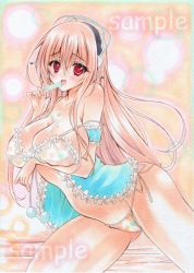 Rule 34 | 1girl, bikini, bikini bottom only, blush, breasts, cleavage, comic sans, dripping, female focus, food, headphones, large breasts, lingerie, long hair, looking at viewer, melting, navel, negligee, nitroplus, open mouth, pink hair, popsicle, red eyes, sample watermark, solo, super sonico, swimsuit, traditional media, underwear, wakaba0801, watermark