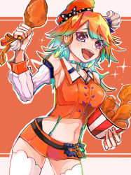 Rule 34 | 1girl, absurdres, belt, breasts, chef hat, chicken (food), chicken leg, detached sleeves, earrings, feather earrings, feathers, food, gradient hair, green hair, hat, highres, holding, holding food, hololive, hololive english, jewelry, mamiya miya, medium breasts, midriff, miniskirt, multicolored hair, navel, open mouth, orange hair, orange hat, orange skirt, skirt, solo, sparkling eyes, takanashi kiara, thighhighs, virtual youtuber, white hat