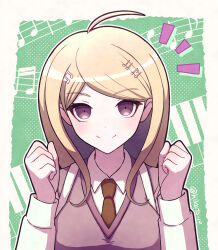 Rule 34 | 1girl, ahoge, akamatsu kaede, breasts, brown necktie, clenched hands, closed mouth, collared shirt, danganronpa (series), danganronpa v3: killing harmony, fortissimo, green background, hair ornament, hands up, highres, large breasts, looking at viewer, musical note, musical note hair ornament, necktie, notice lines, pink eyes, shirt, smile, toyatopa, upper body, white background, white shirt