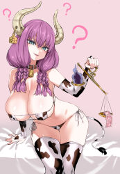 Rule 34 | 1girl, ?, animal collar, animal ears, animal print, arm support, asanagi, aura (sousou no frieren), balance scale, barcode, bare shoulders, bed, bell, belt collar, bikini, blue eyes, braid, breasts, bridal gauntlets, cleavage, collar, condom, condom wrapper, covered erect nipples, cow ears, cow girl, cow horns, cow print, cow print bikini, cow print thighhighs, cow tail, cowbell, defeat, demon, demon girl, demon horns, elbow gloves, fang, fingerless gloves, gloves, highres, holding scale, horns, huge breasts, imminent penetration, large breasts, long hair, looking at viewer, micro bikini, mind control, multiple braids, navel, neck bell, on bed, parted lips, print bikini, print thighhighs, purple hair, ringed eyes, scale, side-tie bikini bottom, sitting, smile, smug, solo, sousou no frieren, stomach, string bikini, swimsuit, tag, tail, thick thighs, thigh gap, thighhighs, thighs, twin braids, weighing scale, wide hips