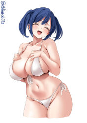 Rule 34 | 1girl, alternate costume, bare arms, bare legs, bare shoulders, bikini, blue hair, blush, breasts, cleavage, closed eyes, collarbone, cowboy shot, cropped legs, ebifurya, front-tie bikini top, front-tie top, groin, hand on own chest, highres, kantai collection, large breasts, navel, one-hour drawing challenge, open mouth, short hair, side-tie bikini bottom, simple background, smile, solo, souryuu (kancolle), swimsuit, twintails, twitter username, white background, white bikini