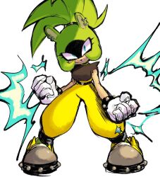 Rule 34 | animal ears, belt, blue eyes, bracelet, breasts, ear piercing, electricity, gloves, green hair, grin, highres, jewelry, long hair, looking at viewer, medium breasts, pants, piercing, ponytail, ring, shoes, smile, sonic (series), sonic the hedgehog (idw), spiked bracelet, spikes, surge the tenrec, usa37107692, yellow pants
