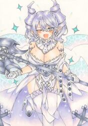 Rule 34 | 1girl, armored corset, breasts, cleavage, demon girl, demon wings, dress, duel monster, grey eyes, grey hair, high heels, highres, holding, holding polearm, holding weapon, ichinose haruka, large breasts, looking at viewer, lovely labrynth of the silver castle, marker (medium), one eye closed, pointy ears, polearm, smile, solo, sweat, thighhighs, traditional media, weapon, white dress, wings, yu-gi-oh!, zettai ryouiki