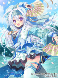 Rule 34 | 1girl, ahoge, artist name, blue sky, blue thighhighs, cloud, copyright notice, day, hand fan, headband, jewelry, long hair, medallion, necklace, nonno, official art, open mouth, outdoors, paper fan, purple eyes, sky, solo, standing, thighhighs, tokinon, water, watermark, white hair, x-overd