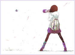 Rule 34 | 1girl, ainzhou, ankle boots, backpack, bad id, bad pixiv id, bag, black pantyhose, blurry, boots, border, brown hair, camera, from behind, full body, highres, holding, holding camera, hood, hoodie, legs apart, original, pantyhose, pleated skirt, purple skirt, simple background, skirt, standing, white background