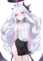 Rule 34 | 1girl, ahoge, black bra, black skirt, blue archive, blush, bra, bra visible through clothes, breasts, center frills, collared shirt, curled horns, demon horns, demon wings, frills, grey hair, halo, highres, hina (blue archive), horns, long hair, looking at viewer, multiple horns, parted bangs, purple eyes, rui rubellent, shirt, side slit, simple background, skirt, sleeveless, sleeveless shirt, small breasts, solo, underwear, very long hair, white background, white shirt, wings