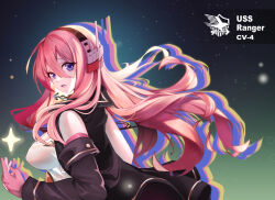 Rule 34 | 1girl, azur lane, bare shoulders, black jacket, breasts, character name, check commentary, commentary request, eagle union (emblem), english text, from side, gloves, hair between eyes, headgear, highres, jacket, large breasts, long hair, looking at viewer, looking back, looking to the side, open clothes, open jacket, pink gloves, pink hair, purple eyes, ranger (azur lane), red hair, shirt, solo, white shirt, yoyoleaf