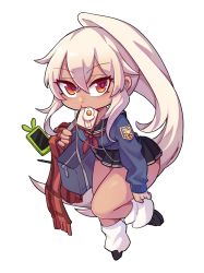 Rule 34 | 1girl, adjusting sock, azur lane, bacon, bag, black footwear, black sailor collar, black skirt, blonde hair, blue bag, blue shirt, blush, bread slice, breasts, cellphone, chinese commentary, commentary request, crossed bangs, dark-skinned female, dark skin, fang, food, food in mouth, fried egg, fried egg on toast, full body, hair between eyes, high ponytail, highres, holding, holding clothes, holding scarf, long hair, long sleeves, looking at viewer, maxin (xinzhisuozai), medium breasts, miniskirt, minneapolis (azur lane), minneapolis (wild huntress schoolgirl) (azur lane), mouth hold, neckerchief, official alternate costume, open mouth, orange eyes, outline, phone, plaid, plaid scarf, pleated skirt, red neckerchief, red scarf, sailor collar, scarf, school bag, shirt, shoes, simple background, skirt, smartphone, smartphone case, socks, solo, toast, toast in mouth, transparent background, very long hair, white outline, white socks