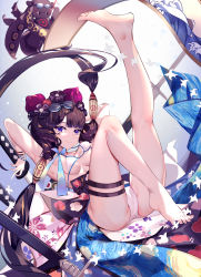 Rule 34 | 1girl, absurdres, armpits, barefoot, bikini, black hair, blue eyes, bracelet, breasts, chinese commentary, closed mouth, commentary request, fate/grand order, fate (series), feet, flower, goggles, goggles on head, hair flower, hair ornament, highres, jewelry, katana, katsushika hokusai (fate), katsushika hokusai (swimsuit saber) (fate), leg up, looking at viewer, medium breasts, pixiv fate/grand order contest 1, sheath, sheathed, short hair, smile, soles, solo, swimsuit, sword, toes, tokitarou (fate), weapon, white bikini, xiaoshan jiang