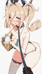 Rule 34 | 1girl, barbara (genshin impact), bare arms, bare shoulders, bikini, black choker, blonde hair, blue bikini, blue eyes, blush, breasts, choker, cleavage, collarbone, genshin impact, halterneck, hat, highres, holding, large breasts, leaning forward, leash, long hair, looking at viewer, nose blush, parted lips, pov, pov hands, solo, strap gap, string bikini, swimsuit, tears, thighhighs, thighs, twintails, viewer holding leash, w.k, white hat, white thighhighs