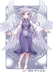 Rule 34 | 1girl, ahoge, angel wings, barefoot, breasts, colonel aki, commentary request, dress, full body, grey hair, long hair, long sleeves, looking at viewer, medium breasts, multiple wings, outstretched arms, purple dress, red eyes, sariel (touhou), solo, spread arms, touhou, touhou (pc-98), translation request, wide sleeves, wings