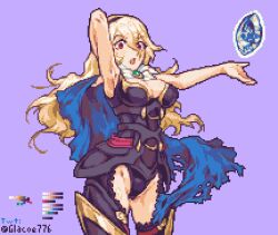 Rule 34 | 1girl, arm behind back, armor, armpits, black armor, blonde hair, blue cape, breasts, cape, corrin (female) (fire emblem), corrin (fire emblem), crystal, fire emblem, fire emblem fates, glaceo, hairband, long hair, medium breasts, nintendo, open mouth, outstretched arm, pixel art, purple background, red eyes, simple background, solo, torn clothes
