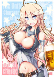 Rule 34 | + +, 10s, 1girl, ahoge, alcohol, beer, beer mug, belt, blonde hair, blue eyes, blush, breasts, cleavage, cup, elbow gloves, english text, fingerless gloves, food, gakuzan, gloves, hair between eyes, highres, iowa (kancolle), kantai collection, large breasts, long hair, looking at viewer, miniskirt, mug, navel, no headwear, open mouth, pizza, skirt, smile, solo, standing, star-shaped pupils, star (symbol), symbol-shaped pupils