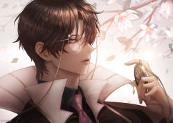 Rule 34 | 1boy, artist name, brown hair, collared shirt, cookie run, espresso cookie, flower, glasses, grey eyes, hair over one eye, highres, male focus, necktie, personification, pocket watch, popped collar, shirt, solo, upper body, watch, yabin