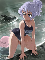 Rule 34 | 1girl, alternate costume, alternate hairstyle, arched back, ario, bare legs, breasts, cleavage, hair up, kneeling, kumoi ichirin, light purple hair, looking back, looking down, one-piece swimsuit, ponytail, purple eyes, river, school swimsuit, short hair, solo, swimming, swimsuit, text focus, touhou, translated, unzan, water, wavy mouth, wet
