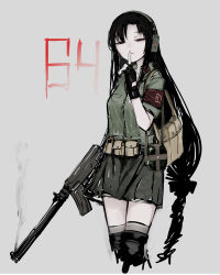 Rule 34 | 1girl, absurdres, armband, beige background, belt pouch, black gloves, black hair, black skirt, black thighhighs, canteen, collared shirt, feet out of frame, finger to mouth, fingerless gloves, girls&#039; frontline, gloves, green shirt, grey background, gun, half-closed eyes, headset, highres, holding, holding weapon, integral suppressor, integrally-suppressed firearm, long hair, looking at viewer, military, military uniform, miniskirt, pouch, rampart1028, red eyes, shirt, shushing, simple background, skirt, smoke, smoking barrel, solo, submachine gun, suppressor, thighhighs, type 64 (girls&#039; frontline), type 64 smg, uniform, very long hair, weapon, zettai ryouiki