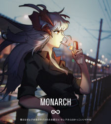 Rule 34 | 1girl, alternate costume, arknights, artist name, black shirt, blurry, blurry background, breasts, cigarette, commentary, fire, fire, from side, hand up, highres, holding, horns, lighter, long hair, monarch (ricardoxx), mouth hold, orange eyes, outdoors, profile, railing, rhine lab logo, saria (arknights), shirt, short sleeves, silver hair, small breasts, smoking, solo, translation request, upper body