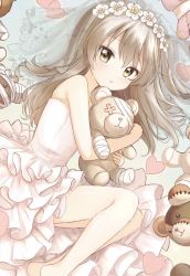 Rule 34 | 1girl, bandages, barefoot, black ribbon, boko (girls und panzer), bridal veil, brown eyes, dress, fetal position, from above, girls und panzer, head wreath, heart, holding, holding stuffed toy, layered dress, light brown hair, long hair, looking at viewer, lying, medium dress, on side, one side up, parted lips, ribbon, shimada arisu, solo, strapless, strapless dress, stuffed animal, stuffed toy, teddy bear, veil, wedding dress, white dress, yaminabe (szhal14)