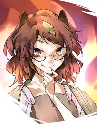 Rule 34 | 1girl, animal ears, brown eyes, brown hair, closed mouth, futatsuiwa mamizou, glasses, kikuichi monji, leaf, leaf on head, looking at viewer, raccoon ears, raccoon girl, raccoon tail, short hair, short sleeves, smile, solo, tail, tongue, tongue out, touhou