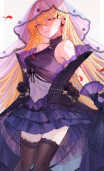 Rule 34 | 1girl, aaoshigatoutoi, absurdres, azur lane, bare shoulders, black flower, black gloves, black rose, black thighhighs, blonde hair, blush, breasts, commission, cosplay, cross, cross earrings, dress, earrings, flower, frilled dress, frills, girls&#039; frontline, gloves, hair between eyes, hair ornament, highres, jewelry, large breasts, lips, long hair, necklace, parted lips, petals, ppk (girls&#039; frontline), rose, see-through, skeb commission, skirt hold, sleeveless, sleeveless dress, solo, thighhighs, veil, wedding dress, x hair ornament, z23 (azur lane), z23 (azur lane) (cosplay), z23 (schwarze hochzeit) (azur lane)