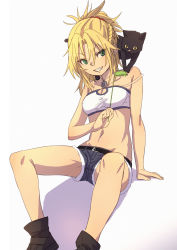 Rule 34 | 1girl, bare shoulders, belt, blonde hair, braid, breasts, cat, covered erect nipples, crop top, denim, denim shorts, fate/apocrypha, fate (series), fu-ta, green eyes, grin, hair between eyes, highres, jewelry, looking at viewer, medium breasts, midriff, mordred (fate), mordred (fate/apocrypha), mordred (memories at trifas) (fate), navel, necklace, ponytail, shorts, sitting, smile, solo, teeth, v-shaped eyebrows
